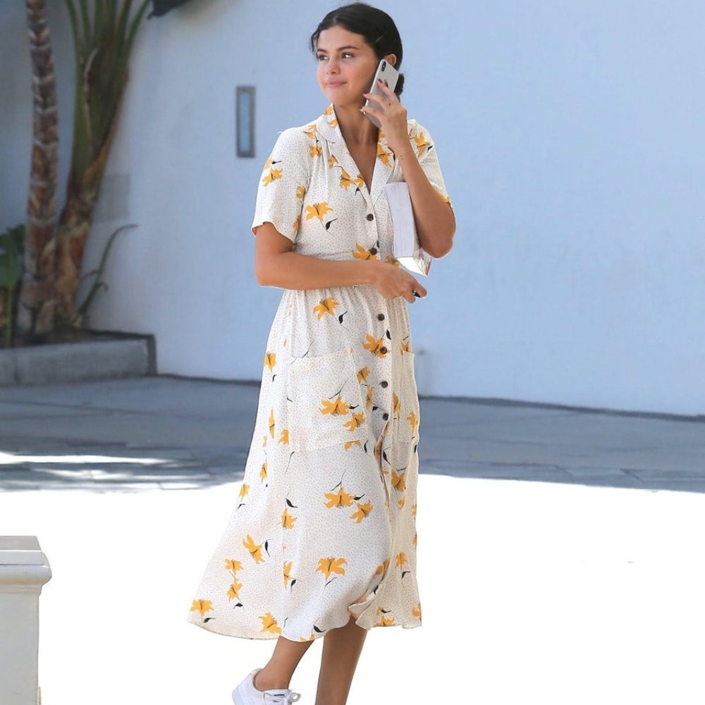 Urban Outfitters Cream Midi Dress with Yellow Floral Print
